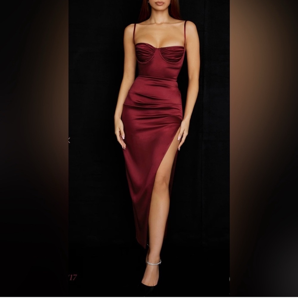 House of CB Deep Red Satin Midi Dress Flora